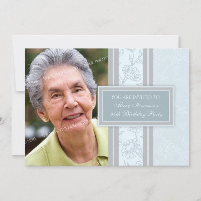 Foto Floral Azul 90º cumpleaños invitaciones para  (Anverso)