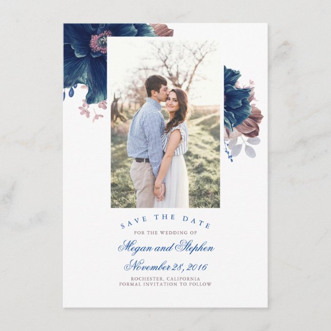 Foto floral azul marino y malva Guardar tarjeta de (Anverso)
