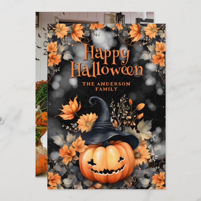 Foto floral de calabaza Tarjeta feliz de Halloween (Anverso / Reverso)