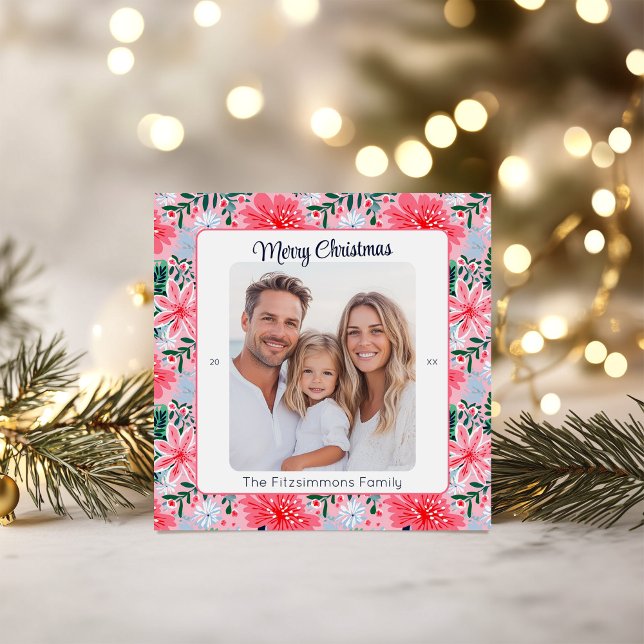 Foto floral de Navidad rosa tropical (Tropical Pink Floral Christmas Card)