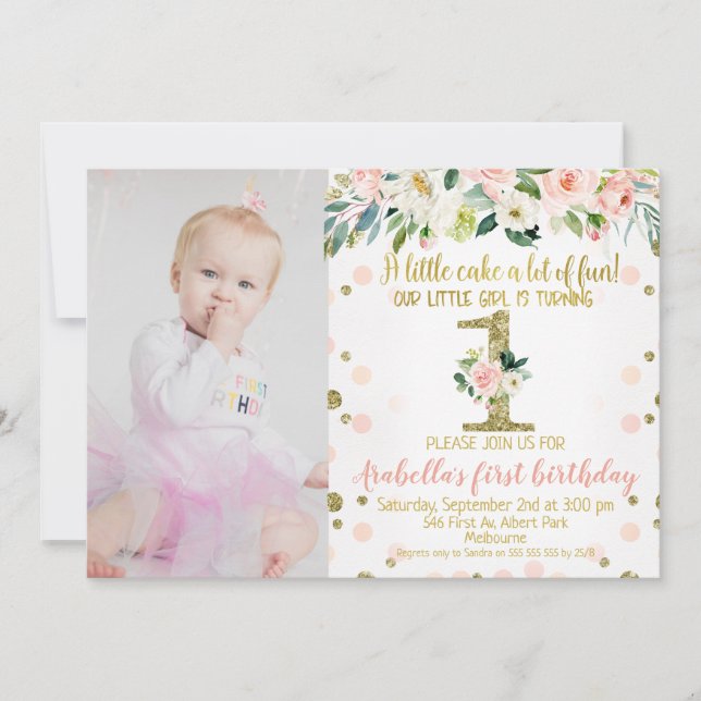 Foto Floral de oro rosado Invitación de primer cum (Anverso)