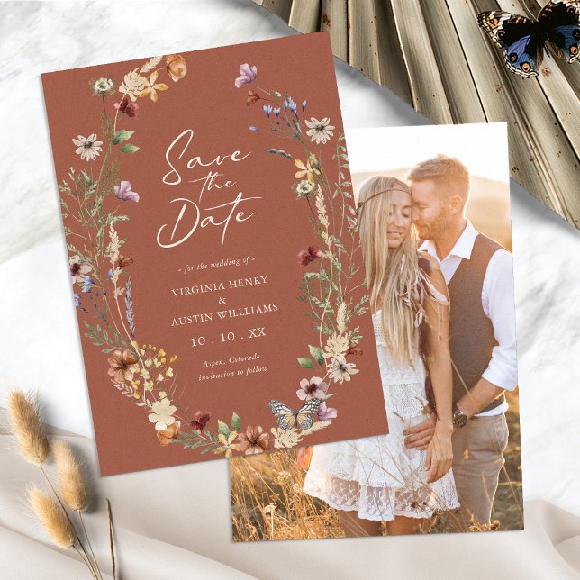 Foto Floral De Terracotta Guardar Tarjeta Llanta D (Boho Terracotta Floral Photo Save The Date Flat Card by Painted Paperie
)