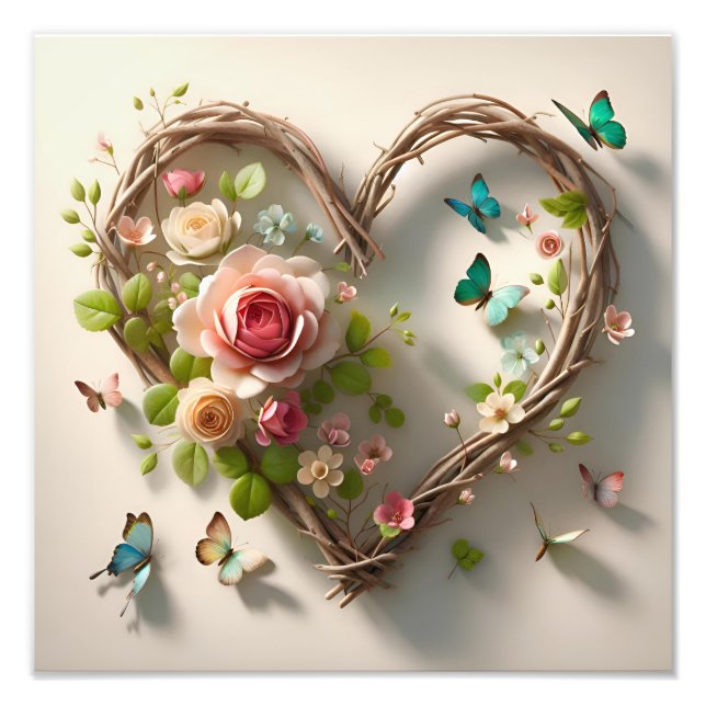 Foto Floral Heart Wreath with Butterflies Romantic  (Frente)