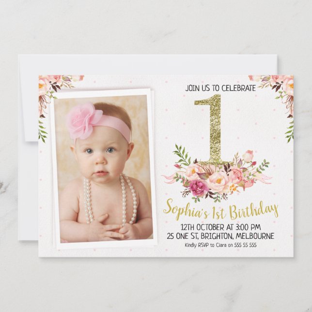 Foto floral Invitación a la fiesta de cumpleaños 1 (Anverso)