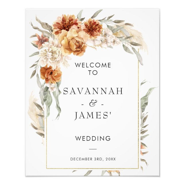 Foto Floral Naranja Quemada De Boho Con Rótulo Boda De  (Frente)