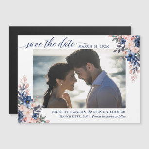 Foto Floral Navy Blue Peach Peach Save The Date Ma