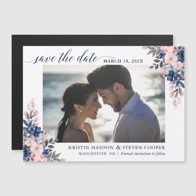 Foto Floral Navy Blue Peach Peach Save The Date Ma (Anverso/Reverso)