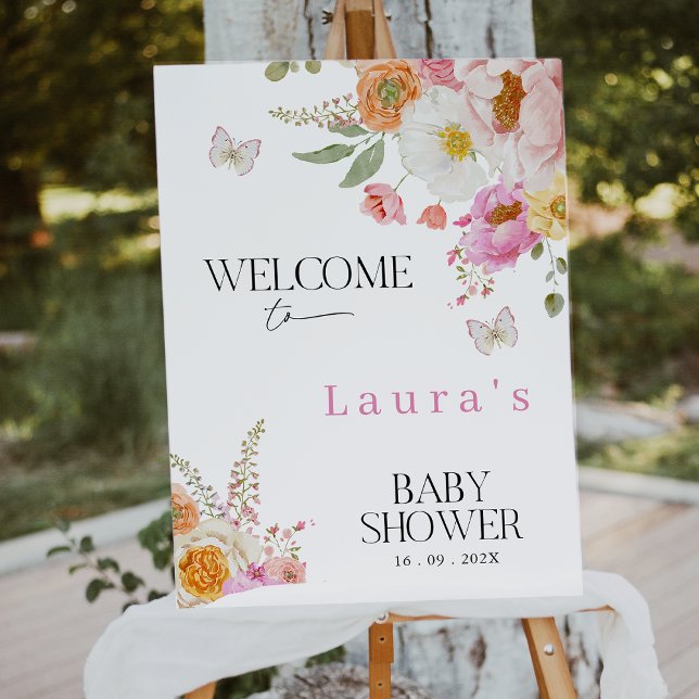Foto Floral Pink Baby In Bloom Baby Shower Welcome Sign (Girls Baby in Bloom Welcome Sign, Floral Welcome Sign For Baby Shower, Floral Baby Shower Welcome )