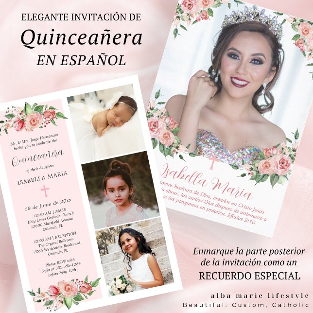Foto floral rosa Invitación a Quinceañera Español (Subido por el creador)