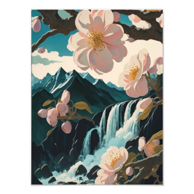 Foto Flores de cerezo abren una cascada tranquila (Frente)