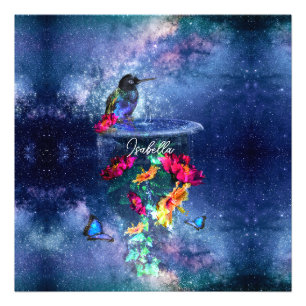 Foto Flores tropicales, colibrí, mariposa y estrellas