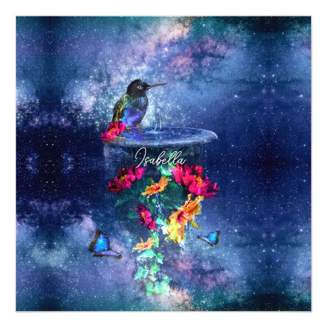 Foto Flores tropicales, colibrí, mariposa y estrellas (Frente)