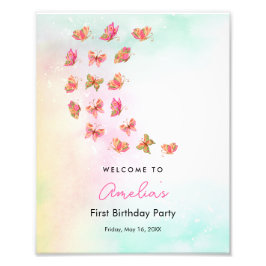Foto Fluttering Pink Butterfly Girl 1st Birthday Sign