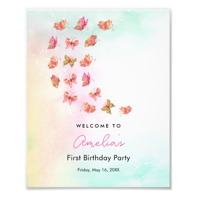 Foto Fluttering Pink Butterfly Girl 1st Birthday Sign (Frente)