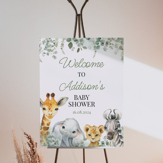 Foto Foliage Greenery Safari Signo de bienvenida Baby S (Greenery Safari Baby Shower Invitation, Foliage Safari Baby Shower Invite, Jungle Animals Themed, )