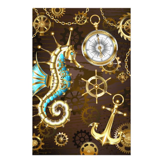 Foto Fondo de madera con caballito de mar mecánico (Frente)