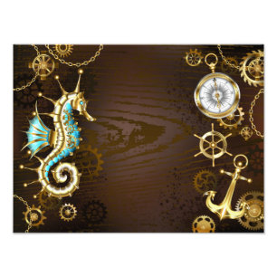 Foto Fondo de madera con caballito de mar mecánico