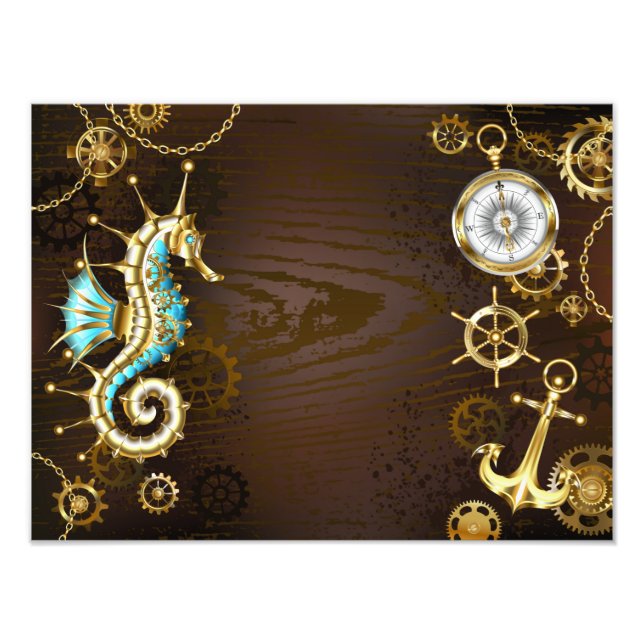 Foto Fondo de madera con caballito de mar mecánico (Frente)