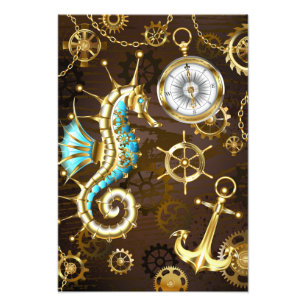 Foto Fondo de madera con caballito de mar mecánico