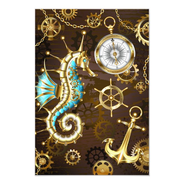 Foto Fondo de madera con caballito de mar mecánico (Frente)