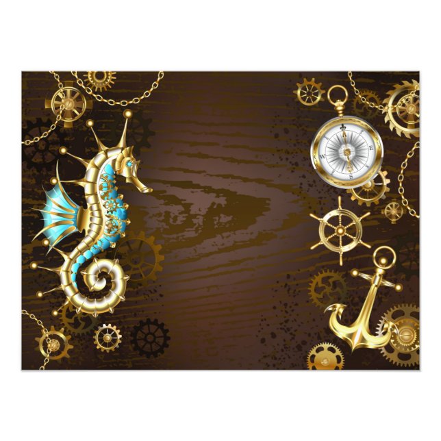 Foto Fondo de madera con caballito de mar mecánico (Frente)