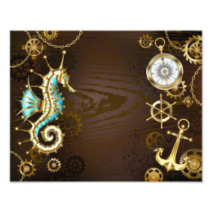 Foto Fondo de madera con caballito de mar mecánico