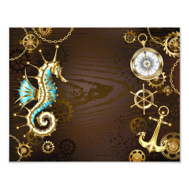 Foto Fondo de madera con caballito de mar mecánico (Frente)