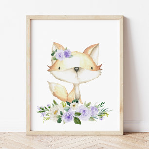 Foto Fox de Bebé, Animales Woodland, Boho, Flores Púrpu