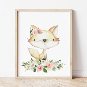 Foto Fox de Bebé, Animales Woodland, Boho, Flores Rosa