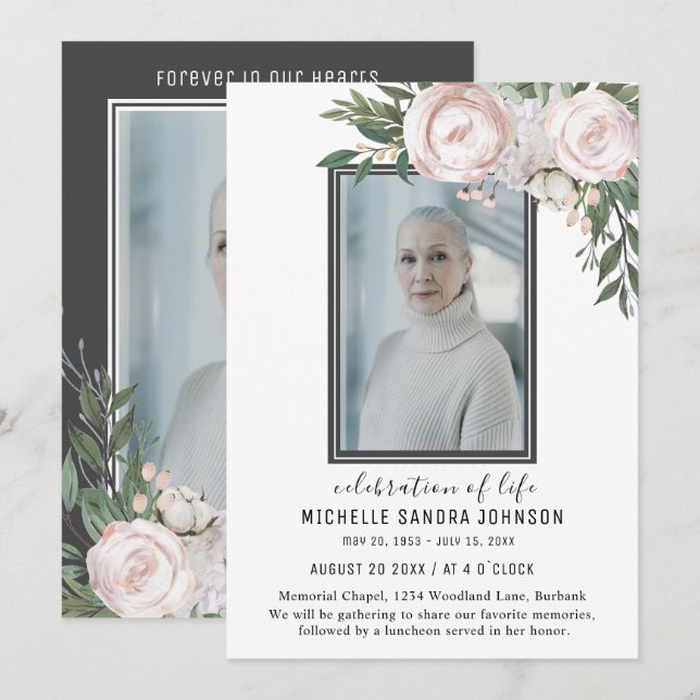 Foto funeraria Tarjeta de oración Gray Floral Flam (Anverso / Reverso)