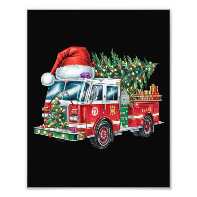 Foto Funny Firetruck Santa Hat Christmas Tree Lights (Frente)