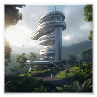 Foto Futuristic skyscraper in the middle of the jungle