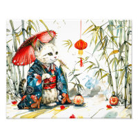 Gata Geisha Blanca con Paraguas Rojo en Bosque de
