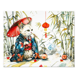 Foto Gata Geisha Blanca con Paraguas Rojo en Bosque de