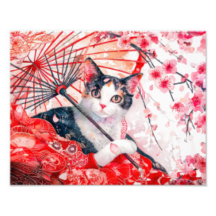 Foto Gata Geisha con Paraguas en Pintura de Tinta China