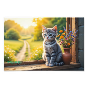 Foto Gatito atigrado lindo junto a la ventana con flore