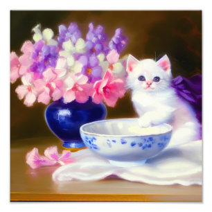 Foto Gatito Blanco Vintage con Cinta Morada