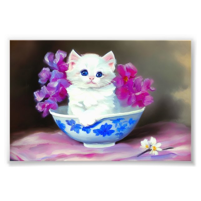 Foto Gatito blanco vintage con flores rosas (Frente)