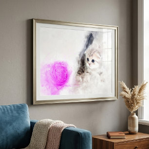 Foto Gatito jugando con una bola de hilo rosa acuarela