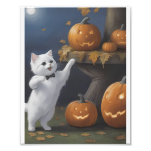 Foto Gato blanco con calabazas de Halloween