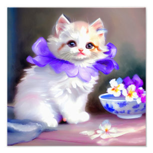 Foto Gato blanco con pintura de cuello de flores morada