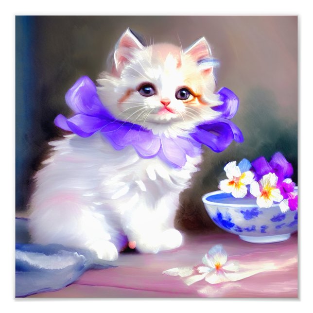 Foto Gato blanco con pintura de cuello de flores morada (Frente)