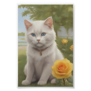 Foto Gato Blanco con Rosas Amarillas