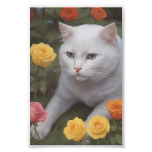 Foto Gato blanco en un colorido jardín de rosas