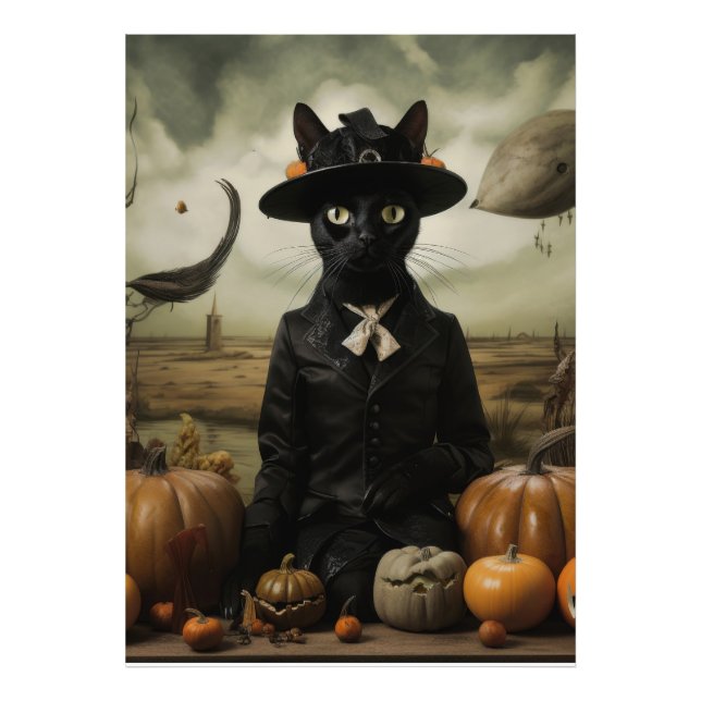 Foto Gato Bruja con Calabazas  (Frente)