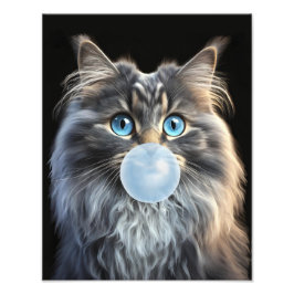 Foto Gato con ojos azules soplando un chicle azul