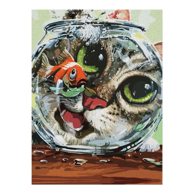 Foto Gato curioso y pez dorado cauto (Frente)