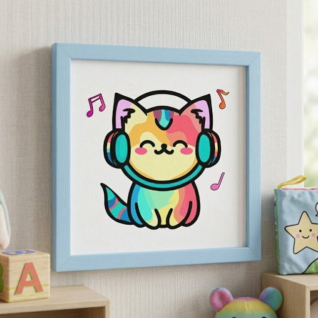 Foto Gato de dibujos animados kawaii sonriente con auri (Happy Smiling Kawaii Cartoon Cat with Headphones. Photo Print)