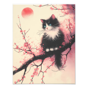 Foto Gato de Tuxedo en estética japonesa florece cerezo