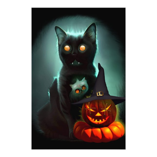 Foto Gato de vampiros y mago calabaza Halloween Surreal (Frente)